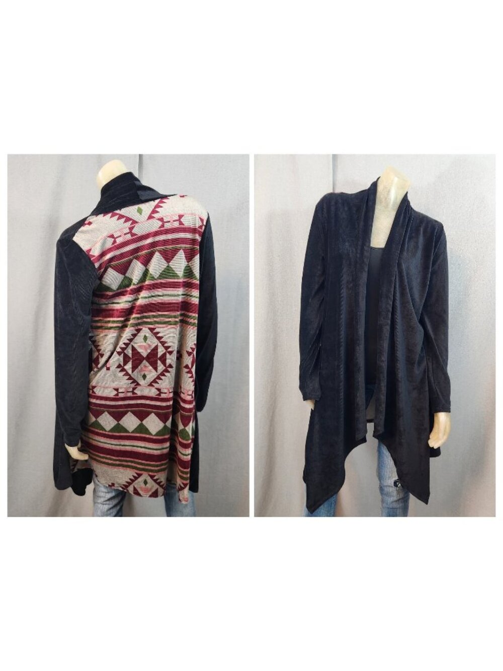 Southwestern Style & Black Long Sleeve Open Sweater Duster Jacket MEDIUM LARGE